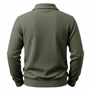 Men's army green waffle knit long sleeve polo sweatshirt, casual loose fit pullover top.
