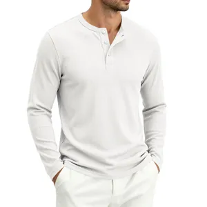 Herren Langarm strukturiertes Henley Hemd mit Knopfleiste Freizeit Oberteil Detail.
