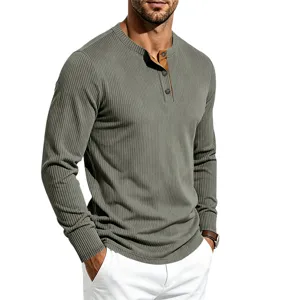 Close up view of men's ribbed long sleeve Henley shirt featuring contrast placket.