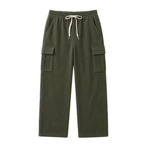 Men's corduroy cargo pants, casual straight fit trousers with drawstring and pockets.