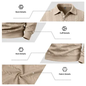 Herren Herbst Strick Polo Shirt Detailansicht, klassisches Jacquard Textur Design mit Kragen.