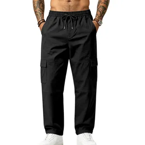Herren Schwarze Cargohose Freizeithose Locker Straight Fit Kordelzug Streetwear Neu