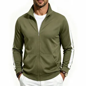 Men's Olive Green Full Zip Track Jacket Stand Collar Casual Sportswear Daily Outerwear