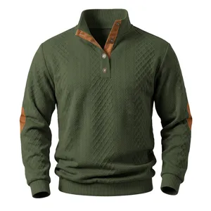 Men's textured jacquard stand collar long sleeve casual pullover sweatshirt with buttons.