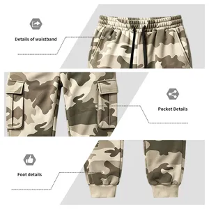 Men camouflage cargo sweatpants detail view showing elastic waistband, side pockets and cuffs.