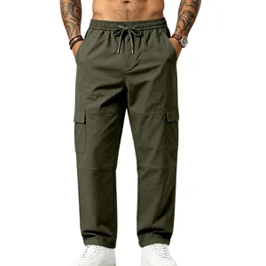 Herren militärgrüne Cargohose lässige straight leg Freizeithose mit elastischem Kordelzug.