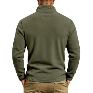 Men's olive green fleece half-zip jacket detail view, showing back collar and casual fit.