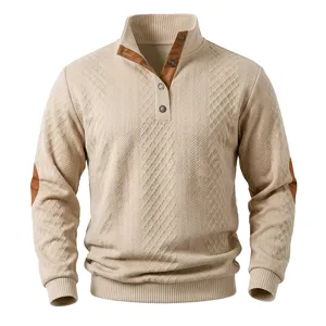 Mens stand collar quarter button textured long sleeve pullover casual knitwear top