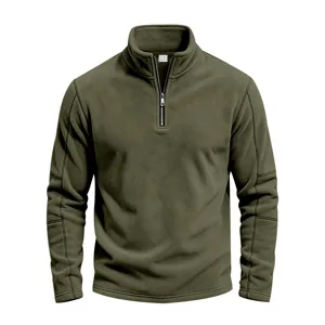 Detail shot of the military green fleece quarter-zip collar and zipper texture for men.