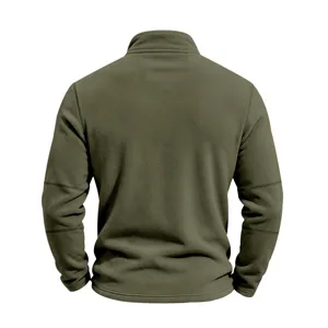 Back detail of olive green fleece stand collar half-zip pullover showing sleeve stitching.