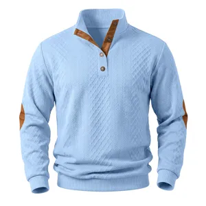 Men's Light Blue Stand Collar Long Sleeve Quarter Button Textured Casual Pullover Sweater