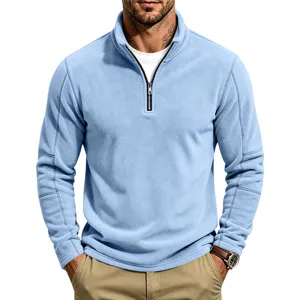 Close-up view of the light blue quarter-zip fleece pullover showcasing texture and collar.