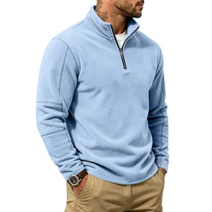 Men's casual light blue half-zip fleece pullover sweatshirt for autumn and winter outdoor daily wear.