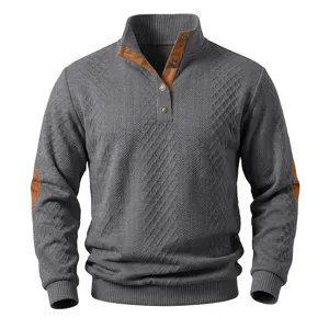 Men's casual stand collar long sleeve snap pullover with texture jacquard and contrast patches.