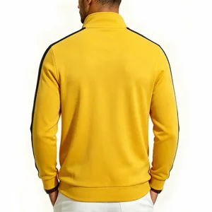 Back detail view of men's yellow zip-up jacket featuring black contrast shoulder stripes.