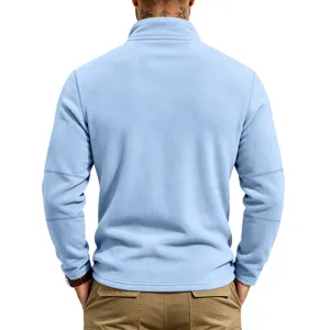 Men's light blue fleece half-zip stand collar jacket, casual long sleeve outerwear.