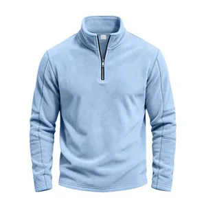 Men's casual light blue quarter-zip fleece pullover, comfortable stand collar long sleeve top.