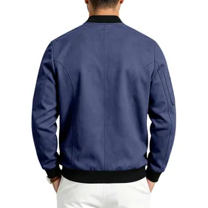 Back view detail of men's blue suede bomber jacket featuring black ribbed collar and cuffs.