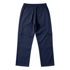 Detailansicht der Rückseite dunkelblauer Herren-Cargo-Hosen mit praktischen Seitentaschen.
