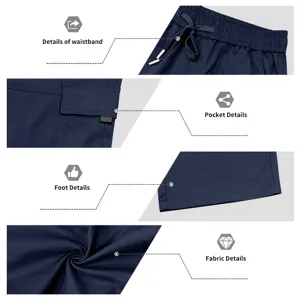 Close-up detail of men's casual cargo pants showing drawstring waistband and pocket features.