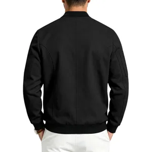 Men casual suede bomber jacket back view, vintage style black flight jacket details.