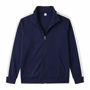 Heren donkerblauwe sportjack casual opstaande kraag rits met witte strepen stijlvol