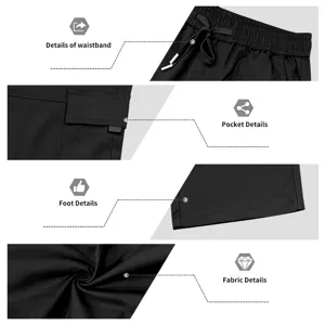 Nahaufnahmen der Freizeithose für Herren mit Bund, Tasche, Saum und hochwertigem Stoff.