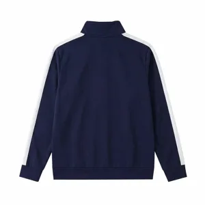 Detailed view of men's navy blue track jacket sleeve with white contrast stripe and collar.