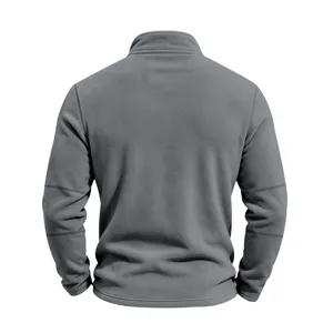 Back view of a grey fleece stand collar half zip casual jacket, soft texture product detail.