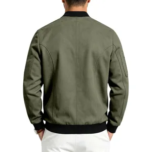 Men suede bomber jacket back view, casual green flight coat with ribbed collar and cuffs.