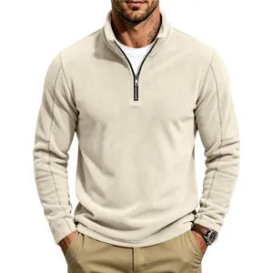 Men's casual fleece half-zip stand collar sweatshirt upper body apparel detail view.