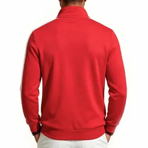 Back view detail of red stand collar zip jacket with white sleeve stripes, sporty style.