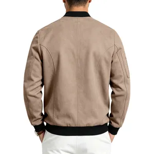 Back detail view of men's suede bomber jacket featuring black ribbed collar and cuffs.