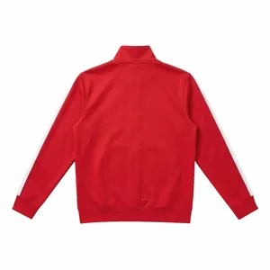 Detail view of red athletic zip-up jacket with white side stripes and stand collar for men.