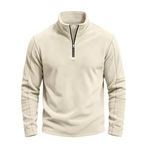 Detail view of casual stand collar half-zip fleece sweatshirt in soft beige color, comfortable.