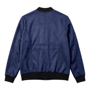 Back detail of blue suede bomber jacket, showcasing textured fabric and tailoring.