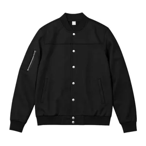 Detail view of a classic black bomber jacket featuring a sleeve zipper pocket and metal snap buttons.