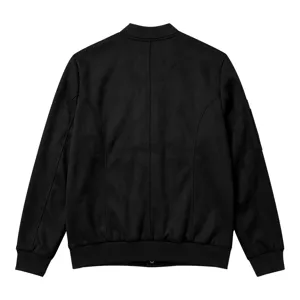 Black suede bomber jacket detail, retro casual MA-1 flight jacket back view display.