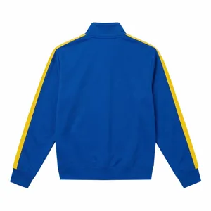 Back view detail of blue casual track jacket with contrast yellow sleeve side stripes.