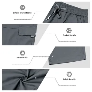 Detailed view of men's casual cargo pants featuring drawstring waistband and pockets.