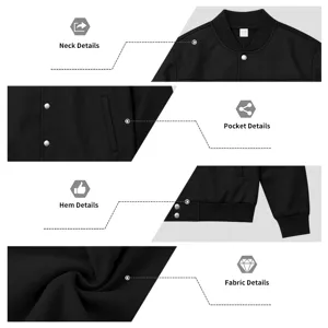 Detailed view of black bomber jacket featuring collar, pocket, hem, and premium fabric construction.