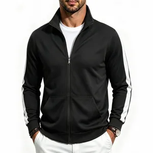 Detail view of men's casual zip-up track jacket with contrast stripes and stand collar.