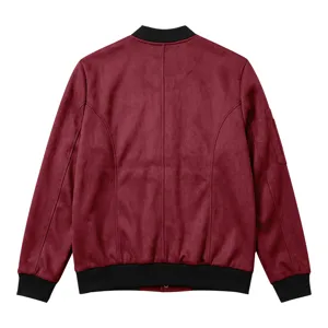 Detailed back view of a burgundy suede bomber jacket with black ribbed trim for men.
