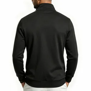 Back detail view of black men sports track jacket with white side stripe and stand collar.