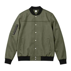 Olive green suede bomber jacket detail featuring black ribbed cuffs, collar, and snap buttons.