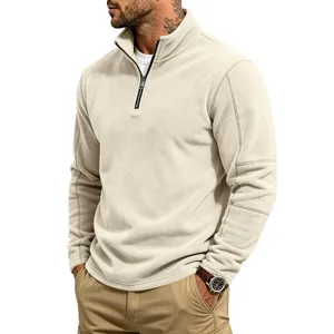 Men's casual quarter-zip fleece sweatshirt in light beige, comfortable stand-up collar.