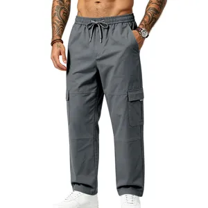 Herren Freizeithose Cargo Hosen Kordelzug gerade Streetwear Hosen mit vielen Taschen grau.