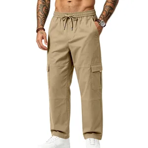 Herren Freizeithose Khaki Cargo Hosen Kordelzug Straight Fit Outdoor Herbst Neu!