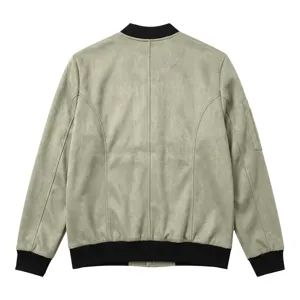 Back detail of sage green suede bomber jacket, showcasing smooth fabric and black ribbed hem.