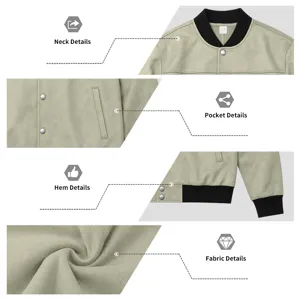 Close-up details of casual suede bomber jacket featuring ribbed collar cuffs and snap buttons.